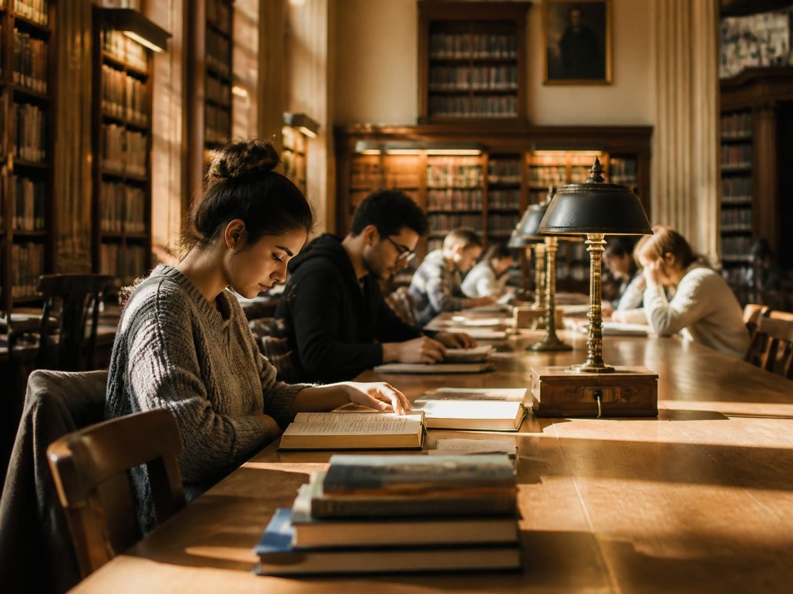 Students reading at long wooden tables in a sunlit university library