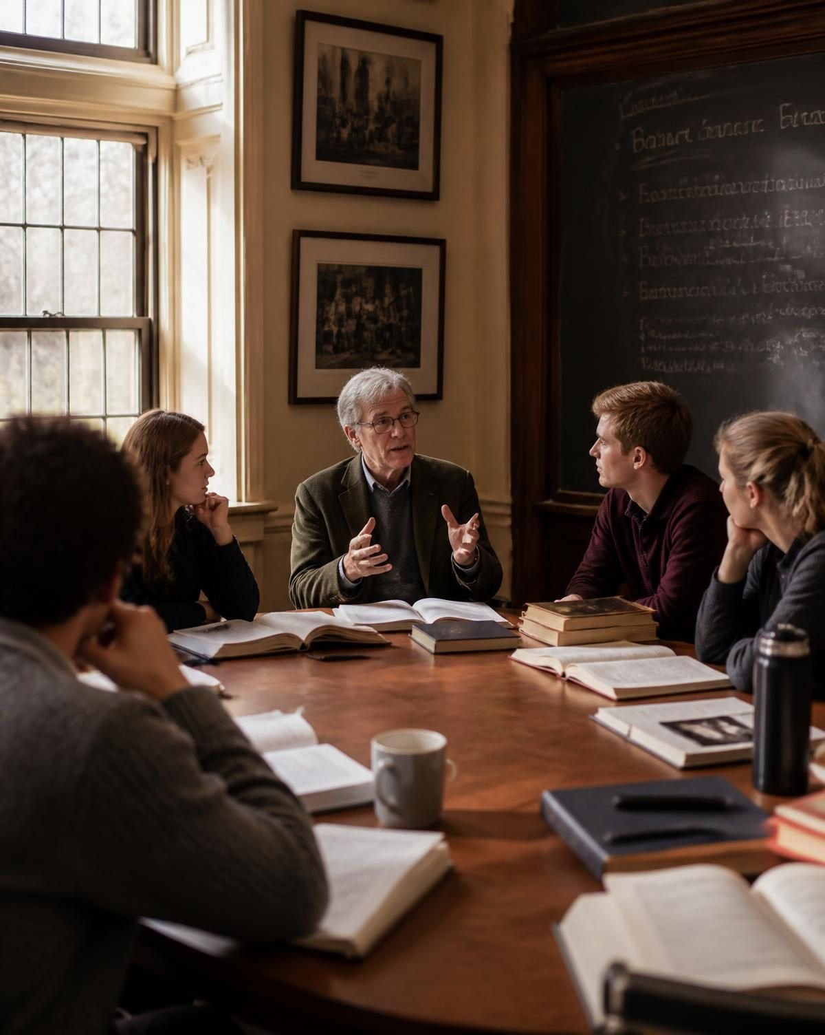 A literature seminar in discussion around a table of open books