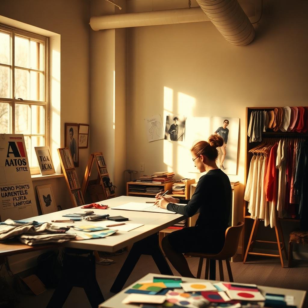 Design student sketching at a studio drafting table