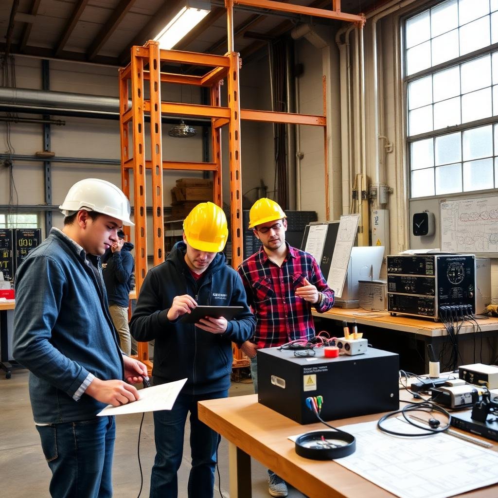 Engineering students testing equipment in a university workshop