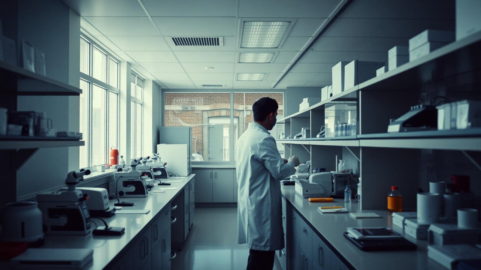 Researcher working at a bench inside a university laboratory